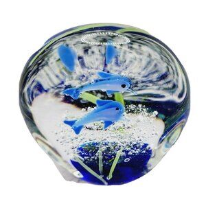 VTG Bottlenose Dolphins Art Glass Aquarium Sea Ocean 3D Sphere Paperweight *READ